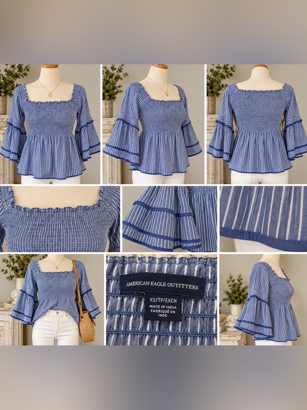 American Eagle Outfitters Blue and White Smocked Peplum Bell Sleeve Top